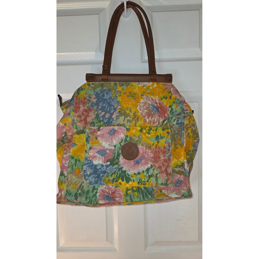 Savane Vintage Floral Canvas Tote Bag Brown Faux Leather Trim Multi Color Large